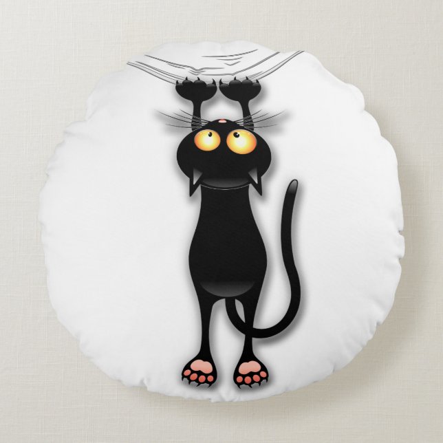 Fun Black Cat Falling Down Round Throw Pillow (Front)