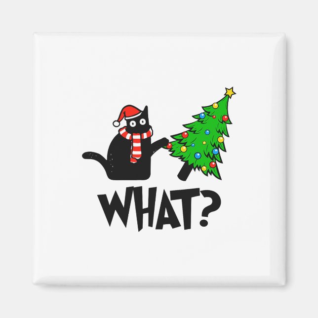 Fun Black Cat Gift Pushing Christmas Tree Over Cat Magnet (Front)