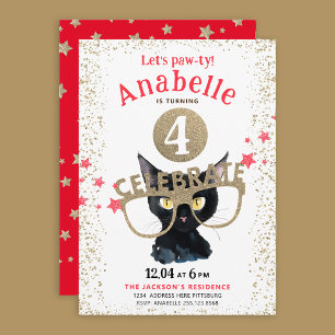 Fun Black Cat Gold Glitter Red Stars Watercolor Invitation