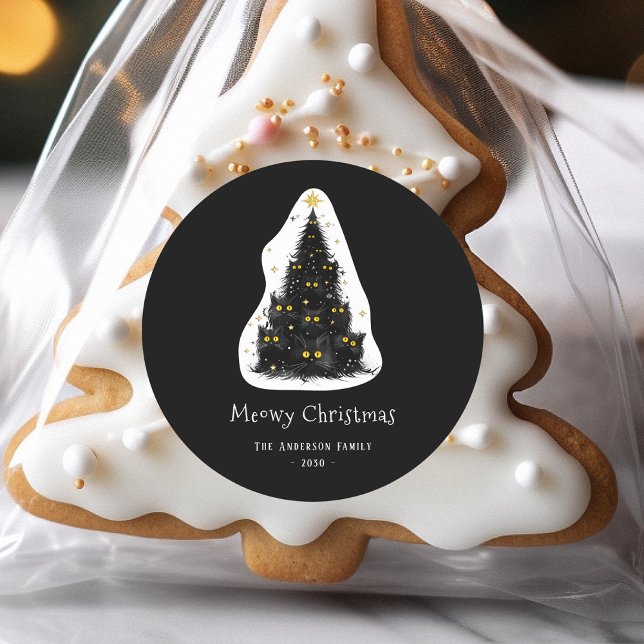Fun Black Cat Meowy Christmas Tree Classic Round Sticker (Creator Uploaded)