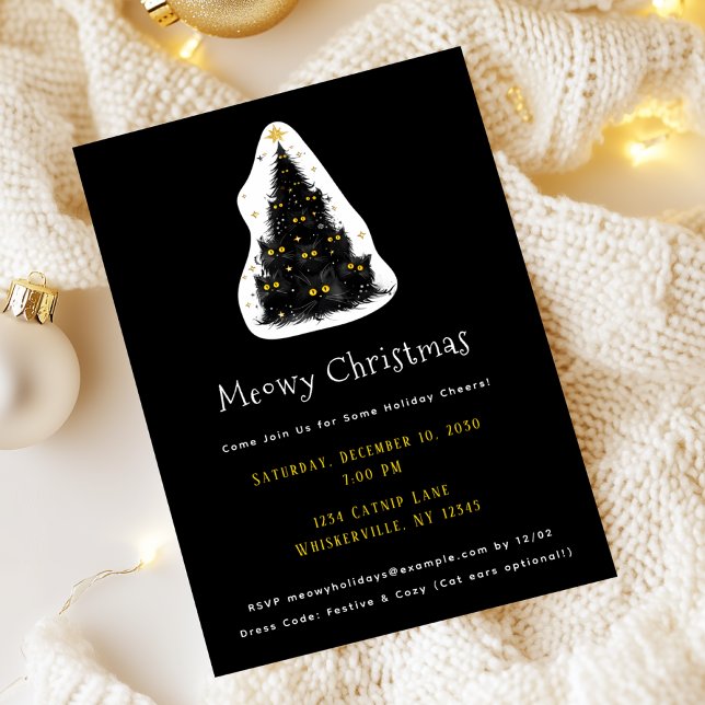 Fun Black Cat Meowy Christmas Tree Invitation (Creator Uploaded)