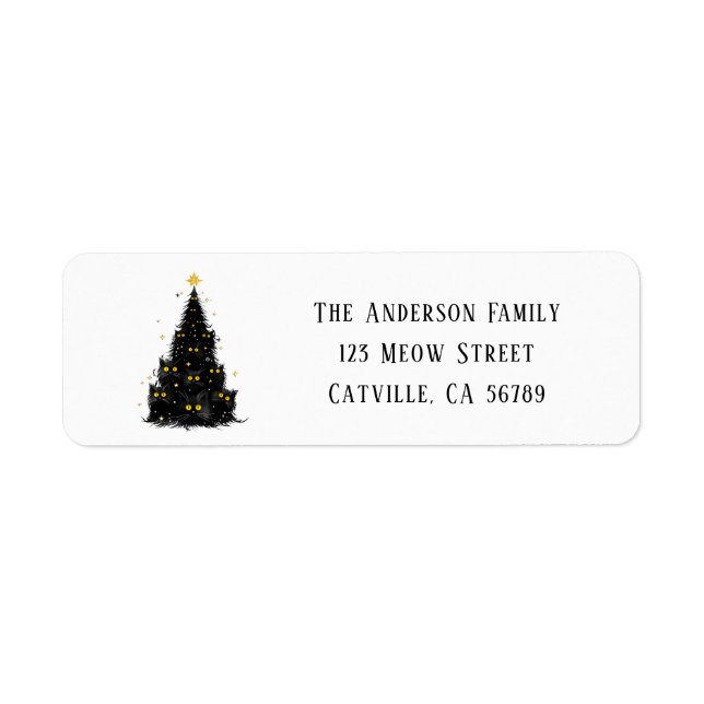 Fun Black Cat Meowy Christmas Tree Return Address (Front)