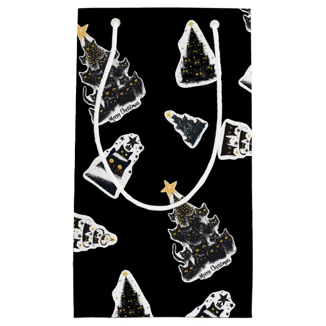 Fun Black Cat Meowy Christmas Tree Small Gift Bag (Front)