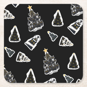 Fun Black Cat Meowy Christmas Tree Square Paper Coaster