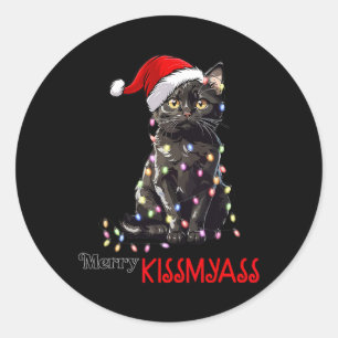 Fun Black Cat Merry Kissmy Xmas Pyjamas Chritsmas Classic Round Sticker
