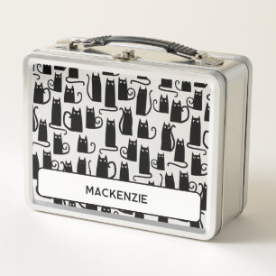 Fun Black Cat Personalised Custom Name Metal Lunch Box