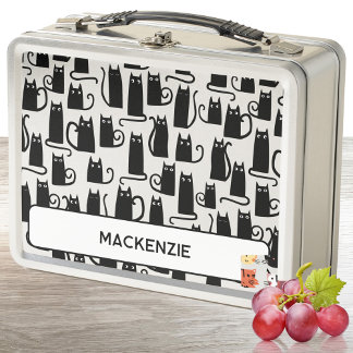 Fun Black Cat Personalised Custom Name Metal Lunch Box