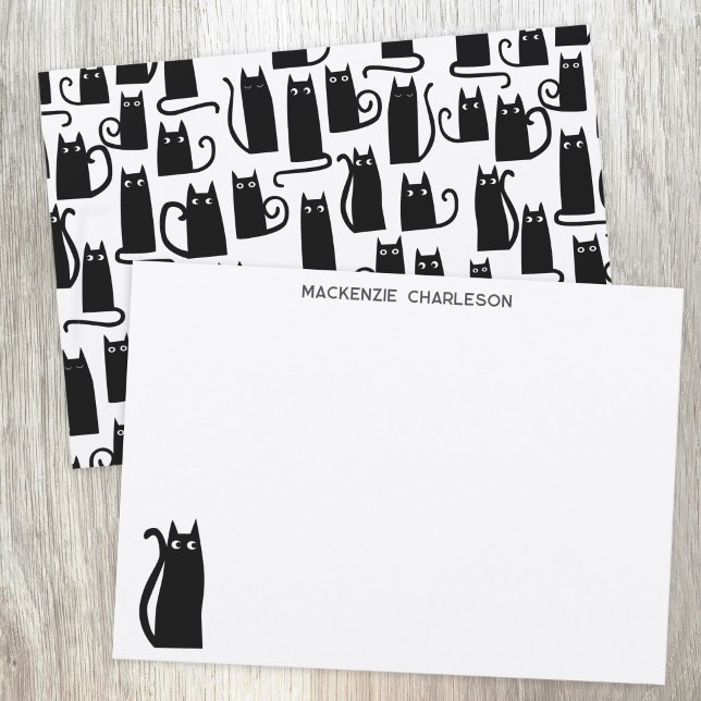 Fun Black Cat Personalised Stationery Card (Fun back cat design personalized custom name note cards)