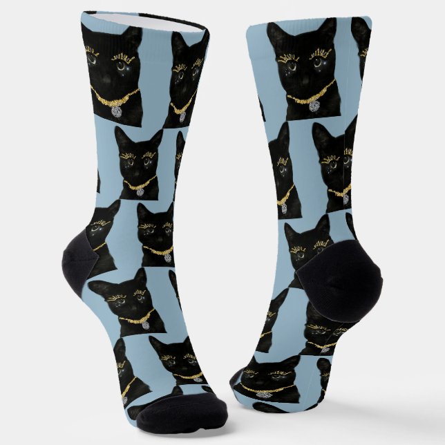 Fun Black Cat Photo Custom Dusty Blue Socks (Angled)