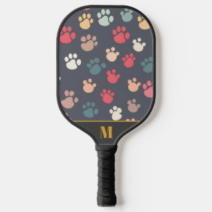 Fun Black Colourful Monogram Dog Paw Pattern Pickleball Paddle