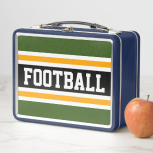 Fun Black Forest Green Yellow FOOTBALL Stripes Metal Lunch Box