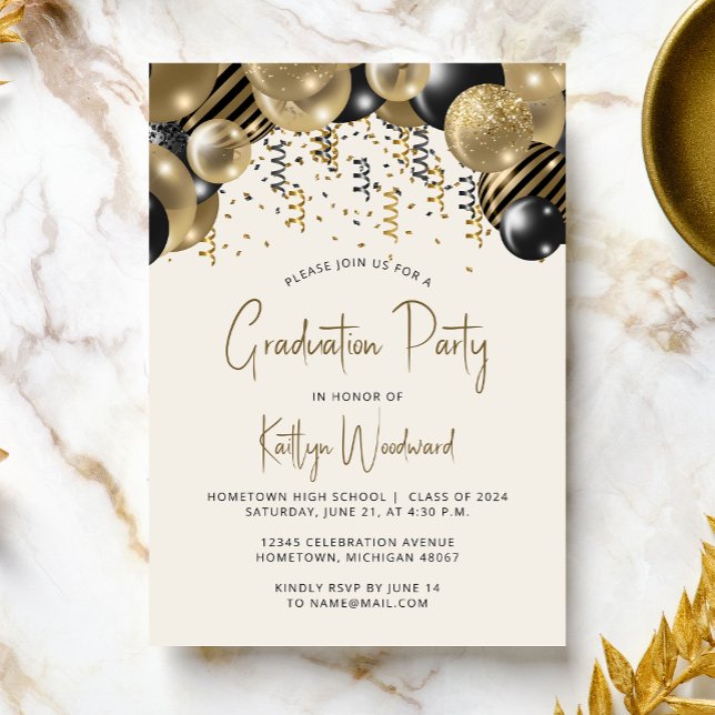 Fun Black Gold Balloon Arch Graduation Party Invitation (Creator Uploaded)