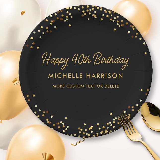 Fun Black Gold Glitter Confetti Birthday Any Age Paper Plate (Creator Uploaded)