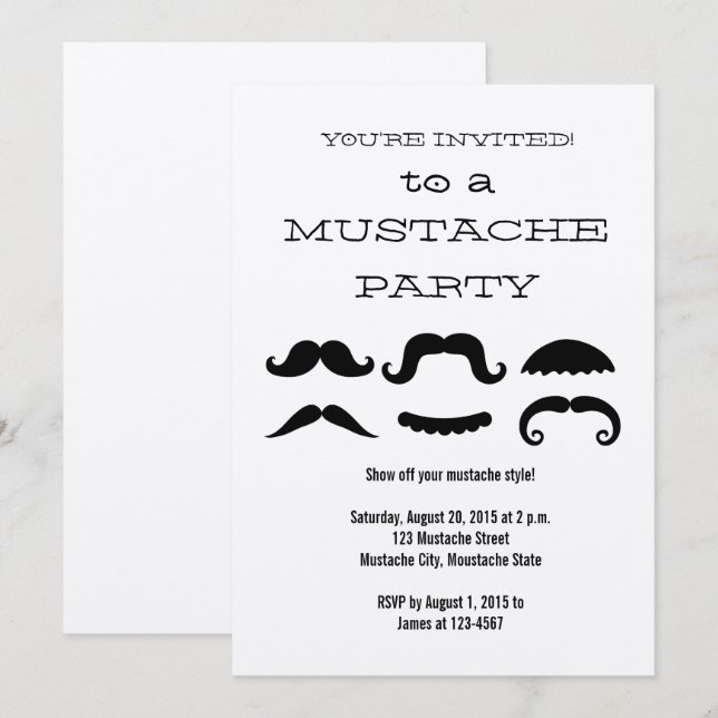 Fun Black Moustache Party Invitation (Front/Back)
