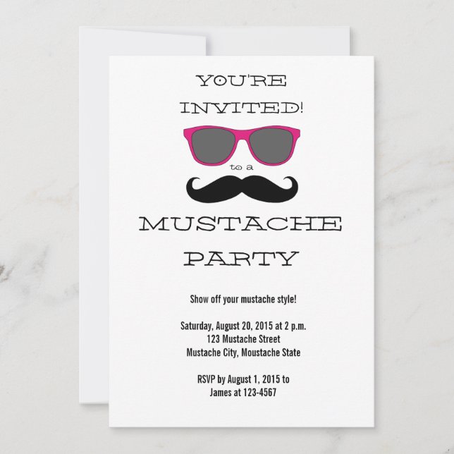 Fun Black Moustache PinkSunglasses Party Invitatio Invitation (Front)