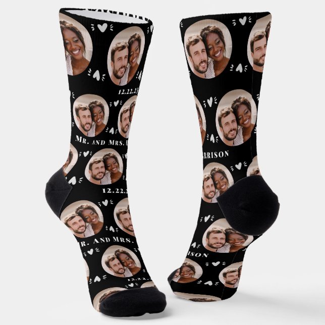 Fun Black Newlyweds Photo Pattern Socks (Angled)