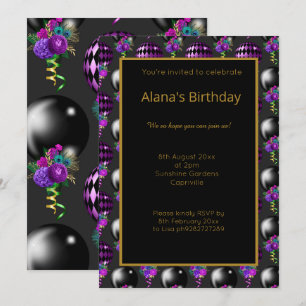 FUN BLACK PURPLE BALLOON ALL OCASSION INVITATION