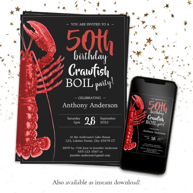 Fun Black Red 50th Birthday Crawfish Boil  Invitation (Fun 50th Birthday Party Crawfish Boil Black Red Invitation)