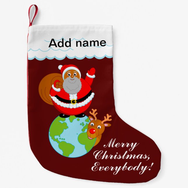 Fun black Santa Claus standing on the Earth, Small Christmas Stocking (Front)