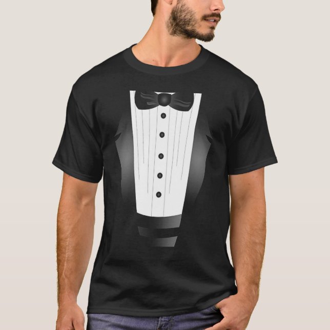 fun black tie event team groom fake tuxedo t shirt (Front)