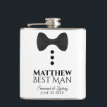 Fun Black Tie Tuxedo Best Man Wedding Flask<br><div class="desc">These fun liquor flasks are designed specially for the best man. They feature a fun design of a black tie with three buttons on a white background, conjuring the idea of a tuxedo. The text reads "Best Man" and has a space for his name as well as the wedding couple...</div>
