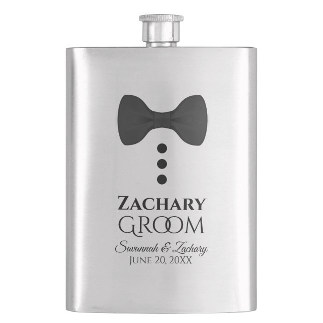 Fun Black Tie Tuxedo Groom Silver Flask (Front)