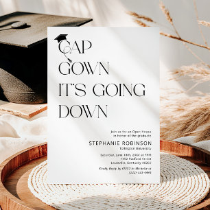 Fun Black & White Cap, Gown Graduation Invitation