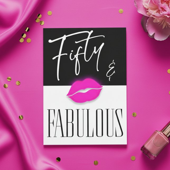 Fun Black White Fifty Fabulous Pink Lips Birthday Invitation (Creator Uploaded)