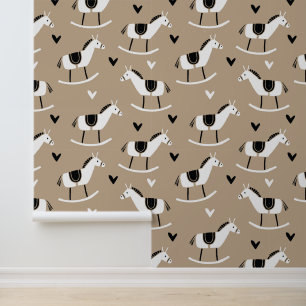 Fun Black & White Rocking Horses on Tan Background Wallpaper