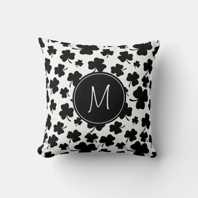 Fun Black & White Shamrock Pattern w/ Monogram Cushion (Front)