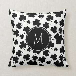 Fun Black & White Shamrock Pattern w/ Monogram Cushion