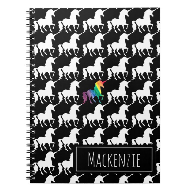 Fun Black & White Unicorn Rainbow Personalised Notebook (Front)