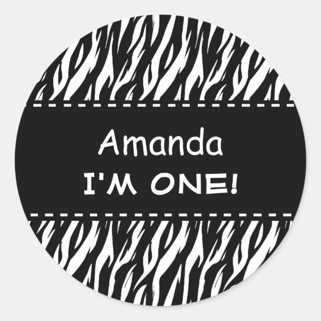 Fun Black White Zebra Custom First Birthday V04 Classic Round Sticker (Front)