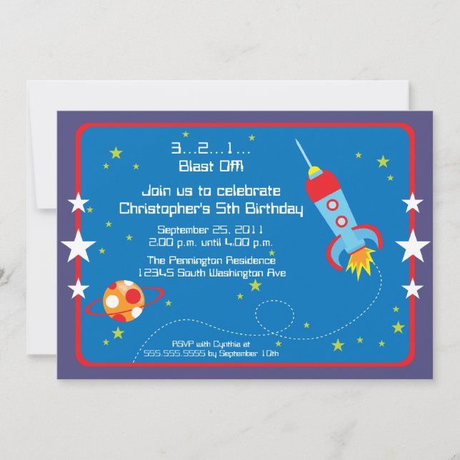 Fun blast off spaceship boys birthday party invite (Front)