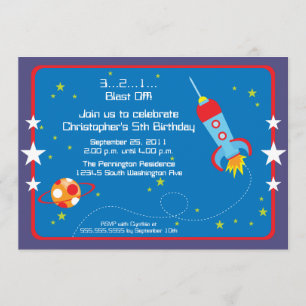 Fun blast off spaceship boys birthday party invite