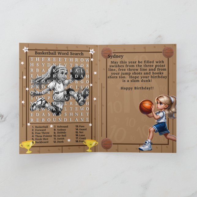 Fun Blonde Girls Basketball Word Search Birthday Card (Inside)