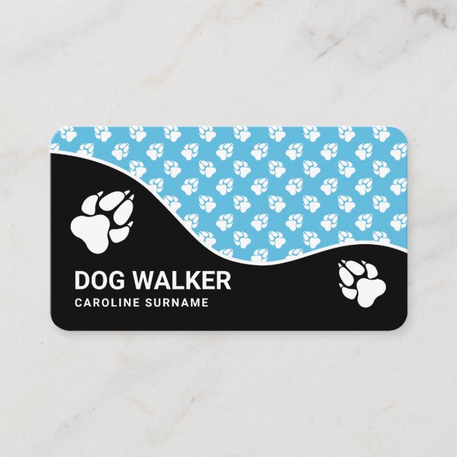 Fun Blue And Black Dog Paws Dog Walker Pet Sitting Business Card (Front)