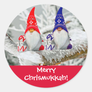 Fun Blue and Red Merry Chrismukkah Santa Elves Classic Round Sticker
