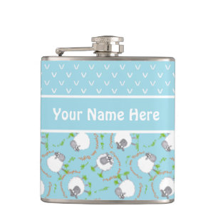 Fun Blue and White Custom Hip Flask, Comic Sheep Flask