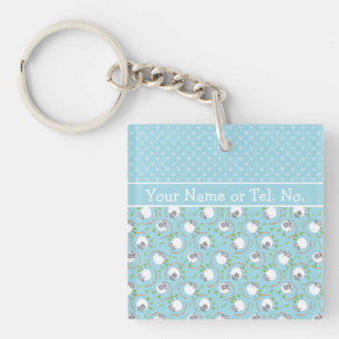 Fun Blue and White Custom Keychain, Comic Sheep Key Ring