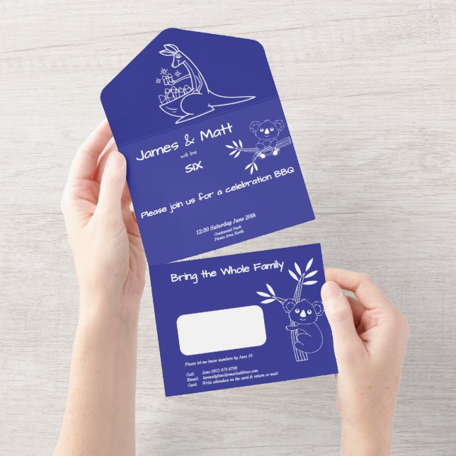 Fun Blue Australian Animals Twins 6th Birthday  All In One Invitation (Tearaway)