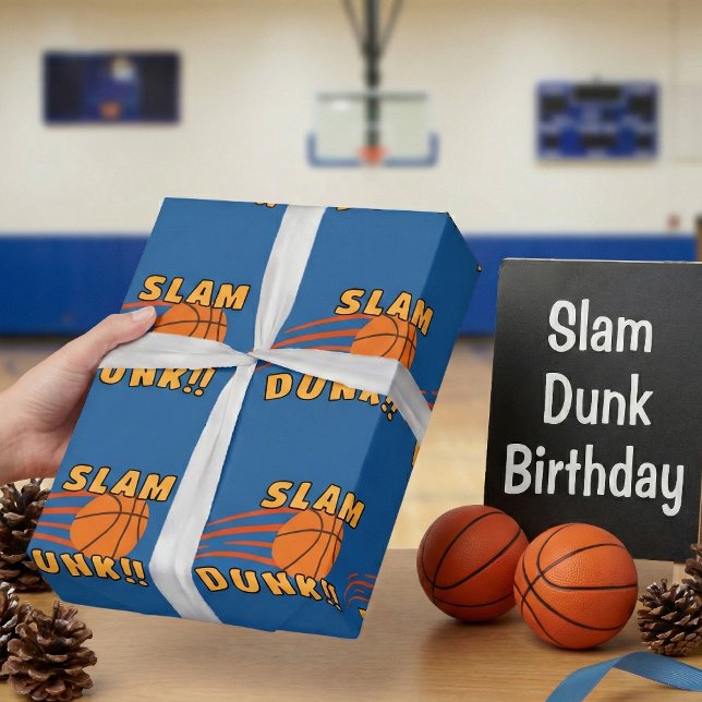 Fun Blue Basketball Slam Dunk Kids Birthday Gift Wrapping Paper (Creator Uploaded)