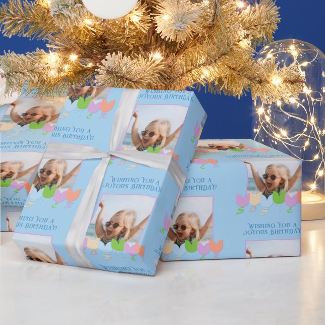 Fun Blue Birthday Personalised Photo Tulip Flowers Wrapping Paper (Holidays)