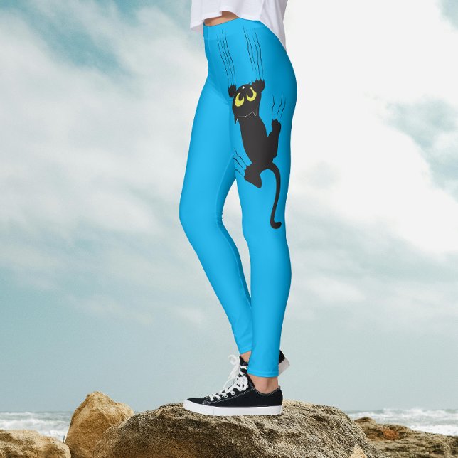 Fun Blue Black Cat Scratchig Asymmetric Cartoon  Leggings (Creator Uploaded)