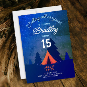 Fun Blue Camp Outdoor Adventure 15th Tent Woodland Invitation