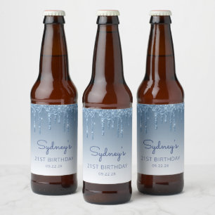 Fun Blue Glitter Drip 21st Birthday Party Beer Bottle Label