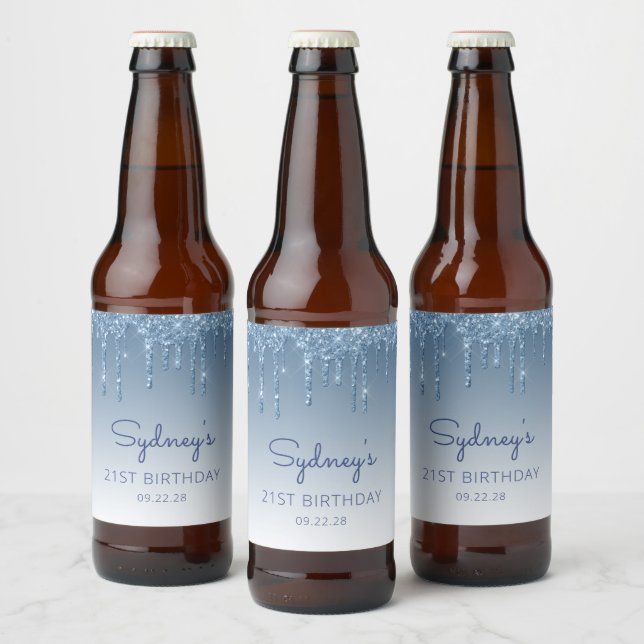 Fun Blue Glitter Drip 21st Birthday Party Beer Bottle Label (Bottles)
