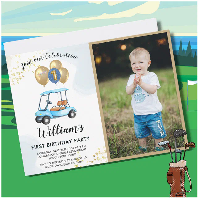 Fun Blue Invite Frame Fun Blue Golf Cart Photo First Birthday Boy Invitation | Zazzle