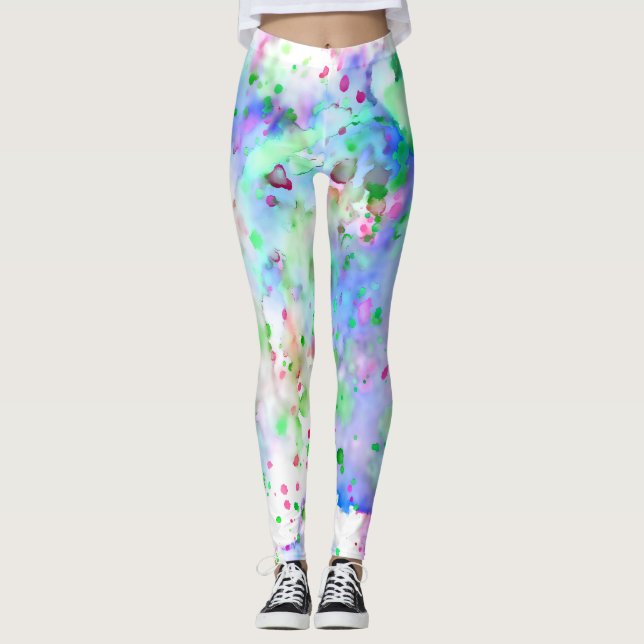 Fun Blue Green Purple & Pink Paint Splatter Leggings (Front)
