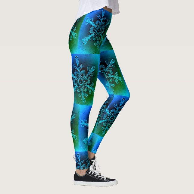 Fun Blue Green Tie Dye Snowflake Pattern Leggings (Right)